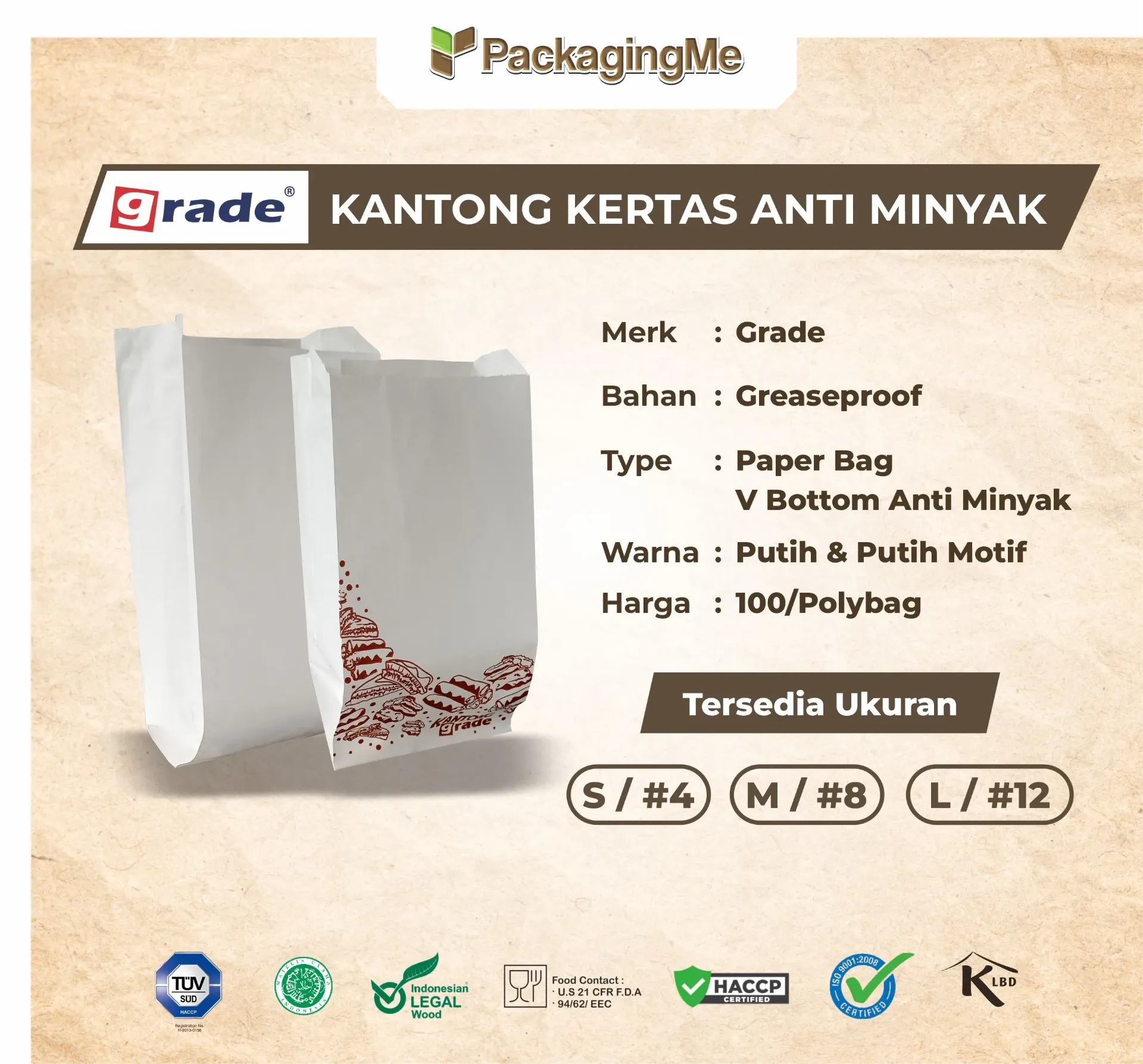 PAPER BAG V BOTTOM GREASEPROOF #8 — 165 × 95 × 305 MM — POLOS