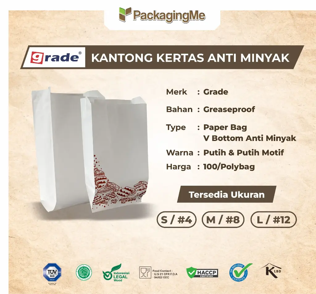 PAPER BAG V BOTTOM GREASEPROOF #4 — 130 × 80 × 255 MM — POLOS (ISI 100 PCS/PAX)