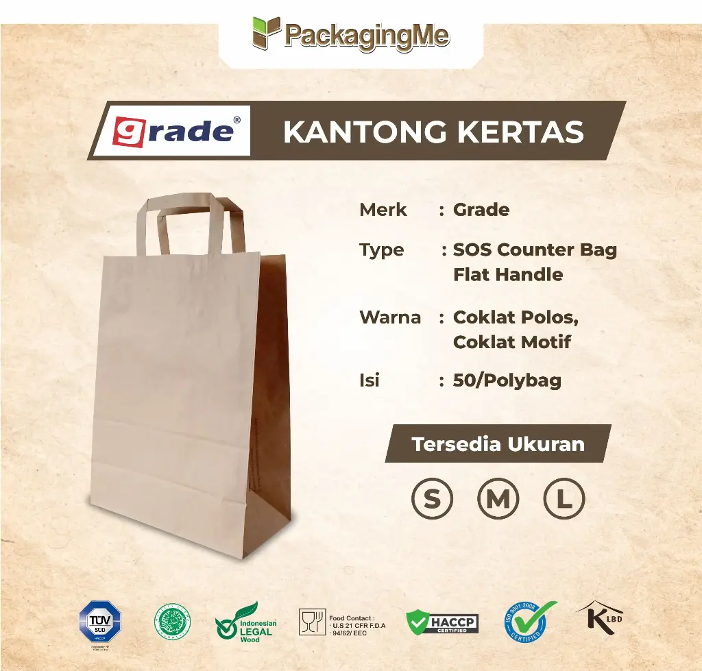 PAPER BAG FLAT HANDLE #S — 185 × 90 × 250 MM — COKLAT — POLOS (ISI 50/POLYBAG)