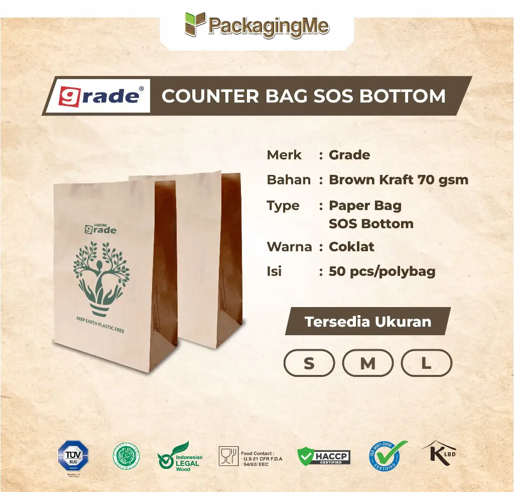 PAPER BAG SOS GROCERIES NON HANDLE #M — 215 × 110 × 295 MM — COKLAT — PRINTING "KANTONG GRADE" (50/POLYBAG)