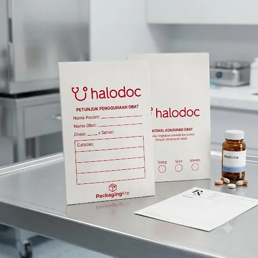 PAPER BAG FLAT V BOTTOM WK 70 GSM PACKAGINGME — 150× 195 MM — PUTIH — PRINTING "HALODOC"
