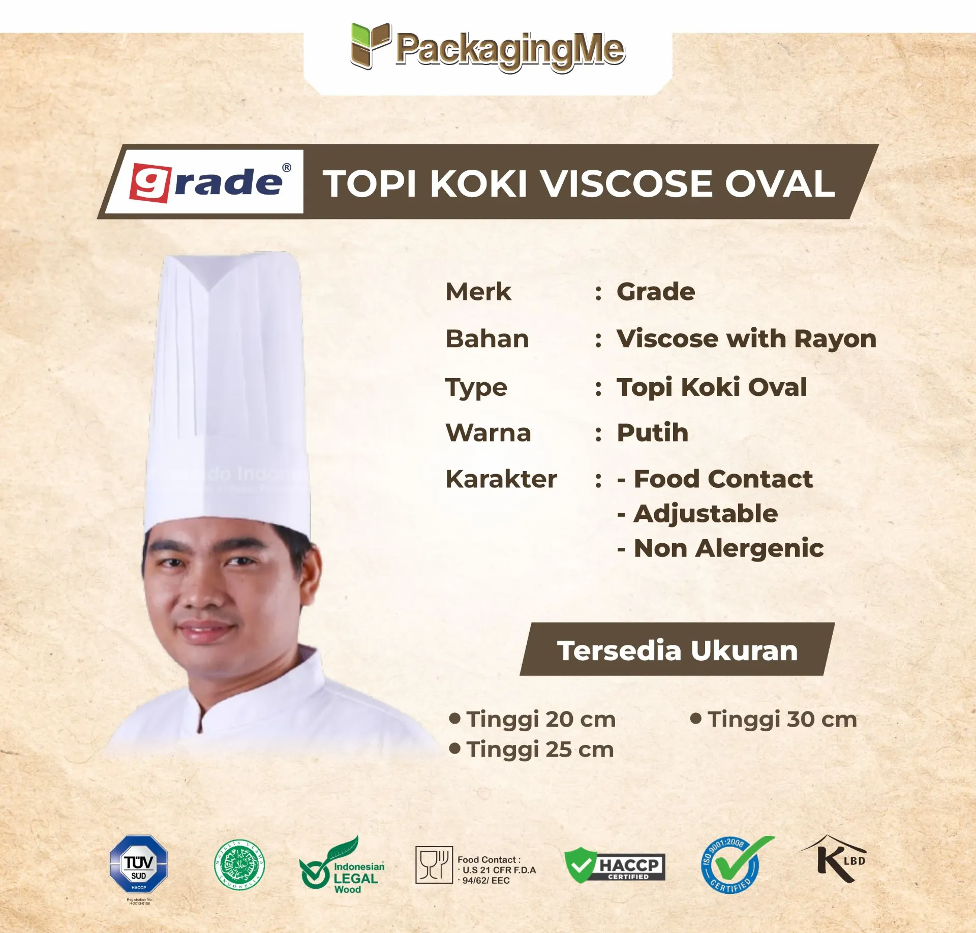 TOPI KOKI/CHEF HAT — OVAL VISCOSE T.25