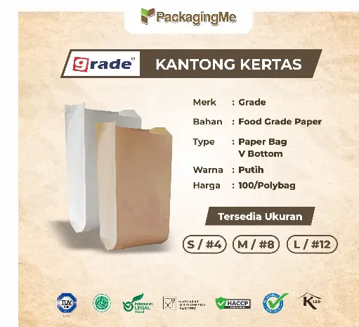 PAPER BAG V BOTTOM BROWN GRADE #8 — 165 × 95 × 305 MM — COKLAT — POLOS (100/POLYBAG)